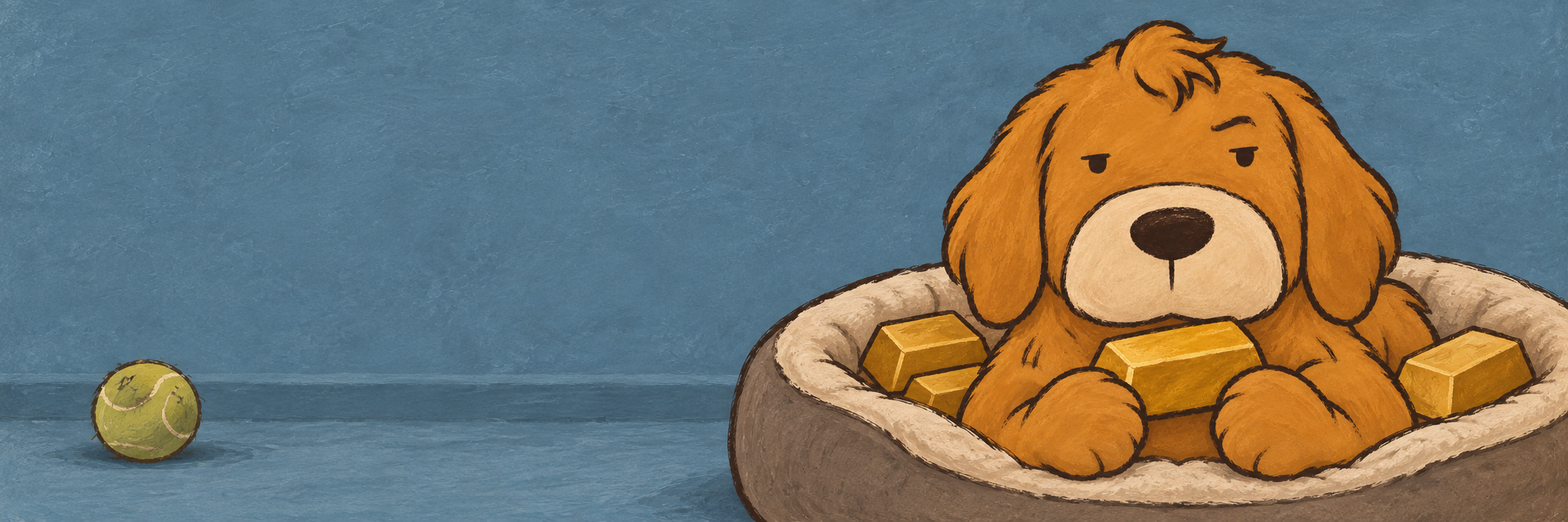 Goldie lounging in his dog bed with gold bars, ignoring a tennis ball.