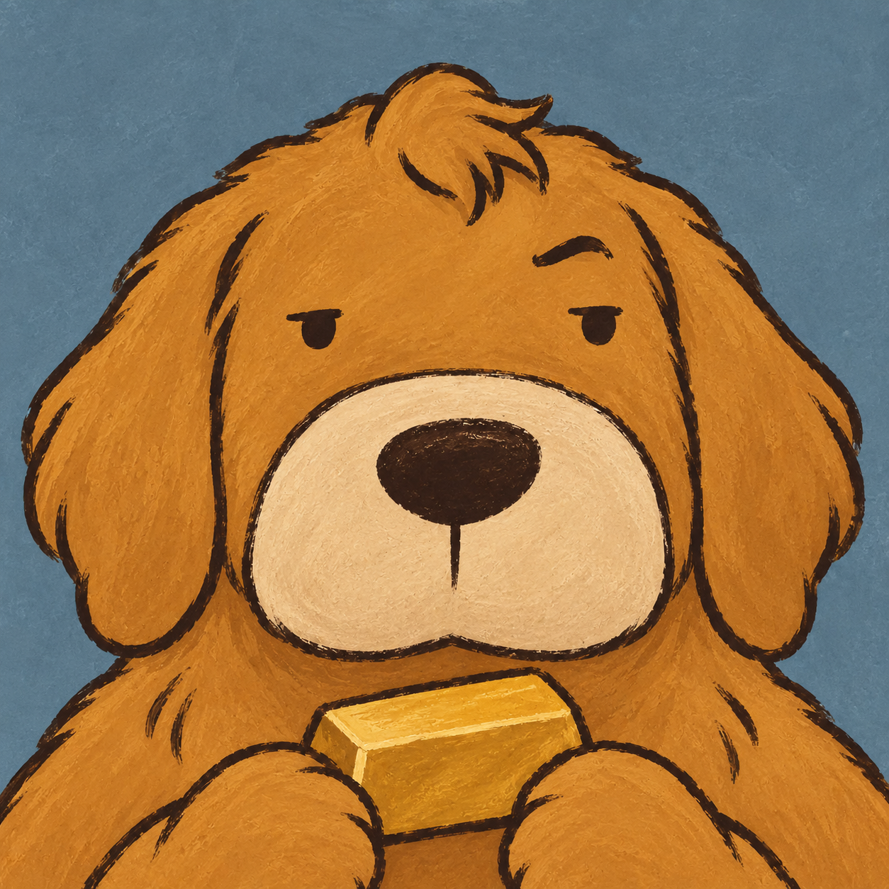 Goldie, a deadpan golden retriever clutching a gold bar on a blue background.